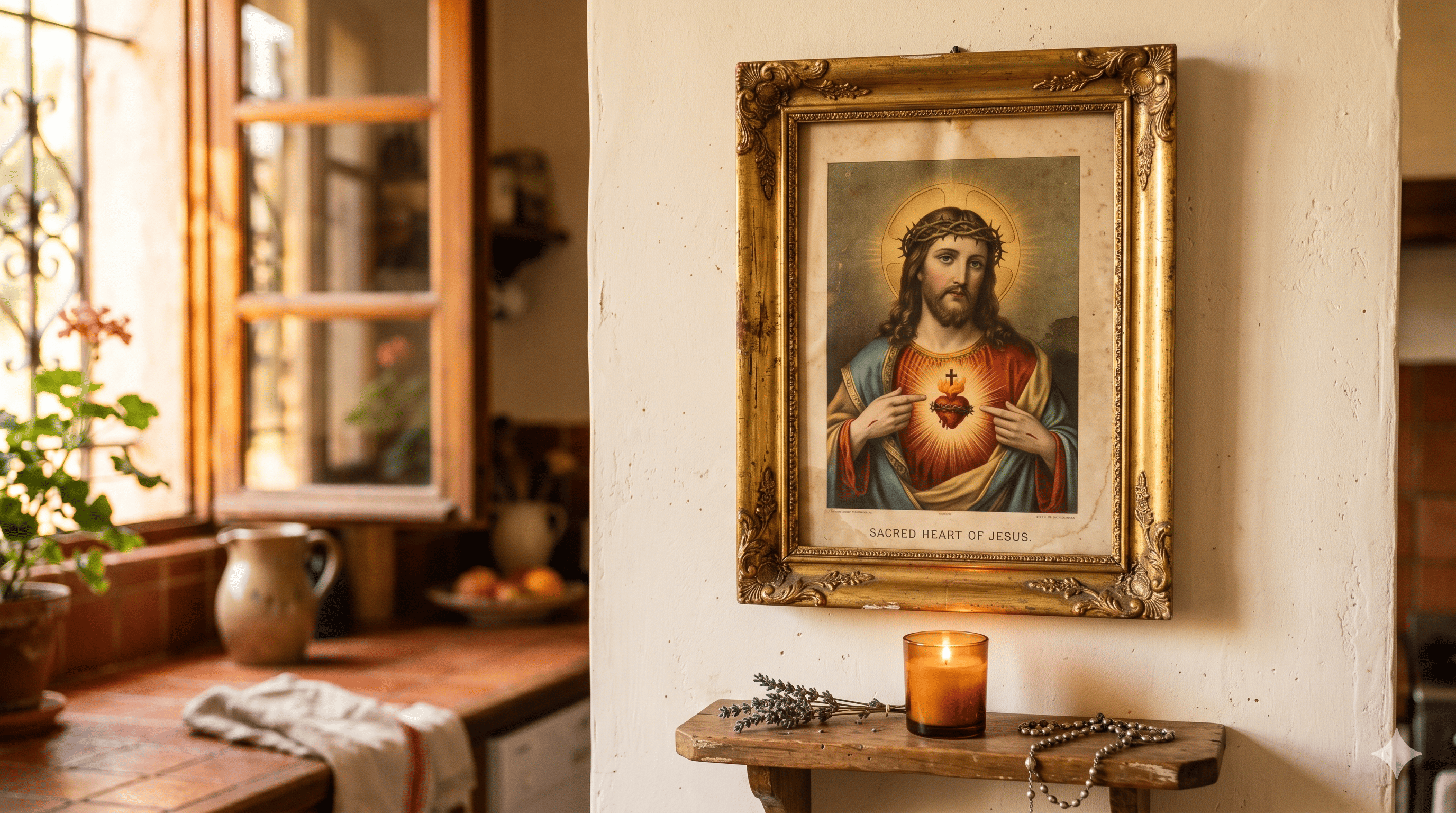 Editorial photography style, warm orange and gold tones, close-up of a vintage Sacred Heart of Jesus image framed on a sunlit kitchen wall, soft bokeh background suggesting a French home interior, no kitsch — clean, contemplative mood, suitable for a modern French Catholic blog about faith and giving, 1600x900px