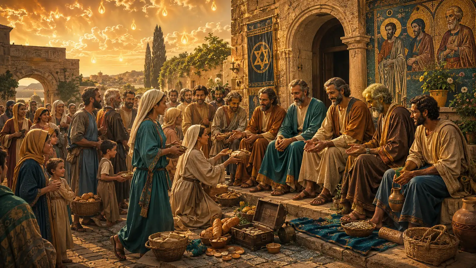 Early Christian community at Pentecost, Mediterranean stone courtyard bathed in golden morning light, believers of all ages placing coins and offerings at the feet of the Apostles, subtle tongues of fire glowing in the sky above, atmosphere of joyful fraternal communion and sharing, warm teal and amber color palette, Byzantine fresco painting style with modern clarity, soft diffused light, cinematic 16:9 composition, photorealistic detail --ar 16:9 --v 6 --style raw