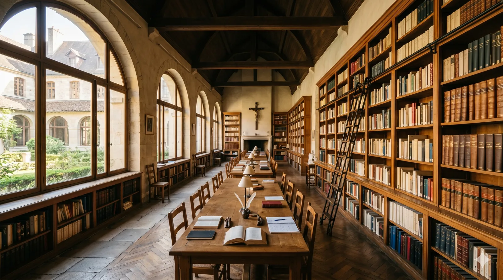 Intérieur lumineux d'un séminaire catholique français, salle d'étude ou bibliothèque avec des livres de théologie, atmosphère studieuse et contemplative, lumière naturelle dorée, pas de personnages identifiables, photographie d'architecture réaliste, format horizontal 16:9, style éditorial moderne