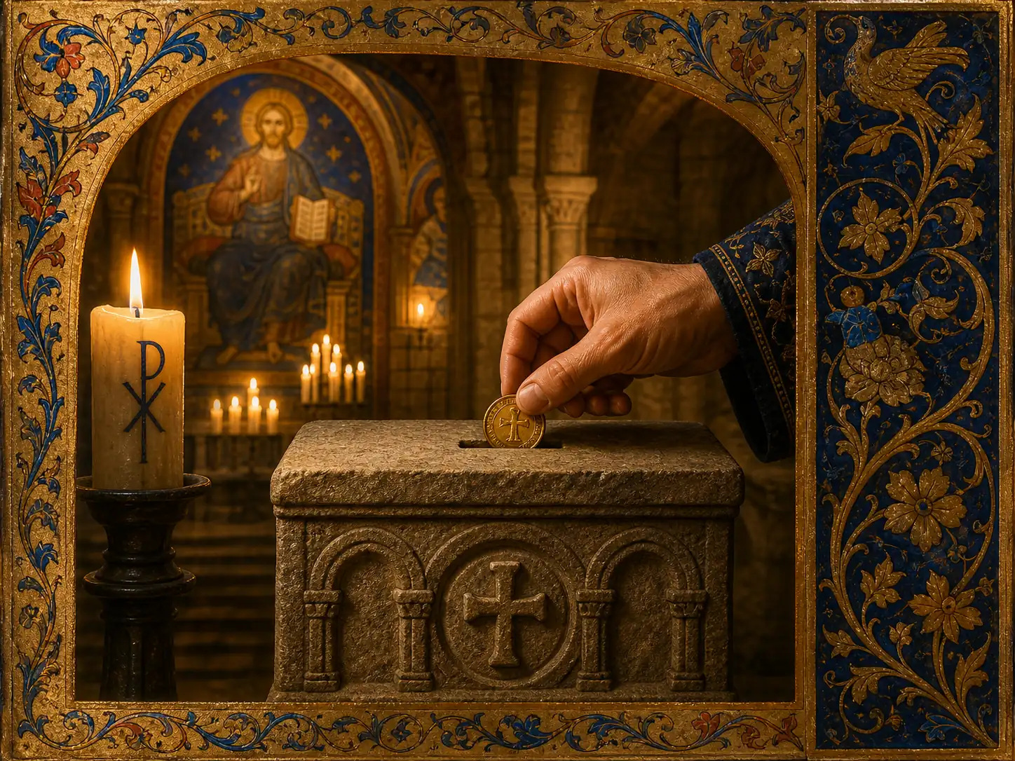 Illuminated manuscript aesthetic — a hand placing a gold coin into a Romanesque stone collection box inside a French Catholic church, warm amber candlelight, deep blue and gold tones, spiritual atmosphere, no people visible except the hand, painterly photorealism, editorial quality