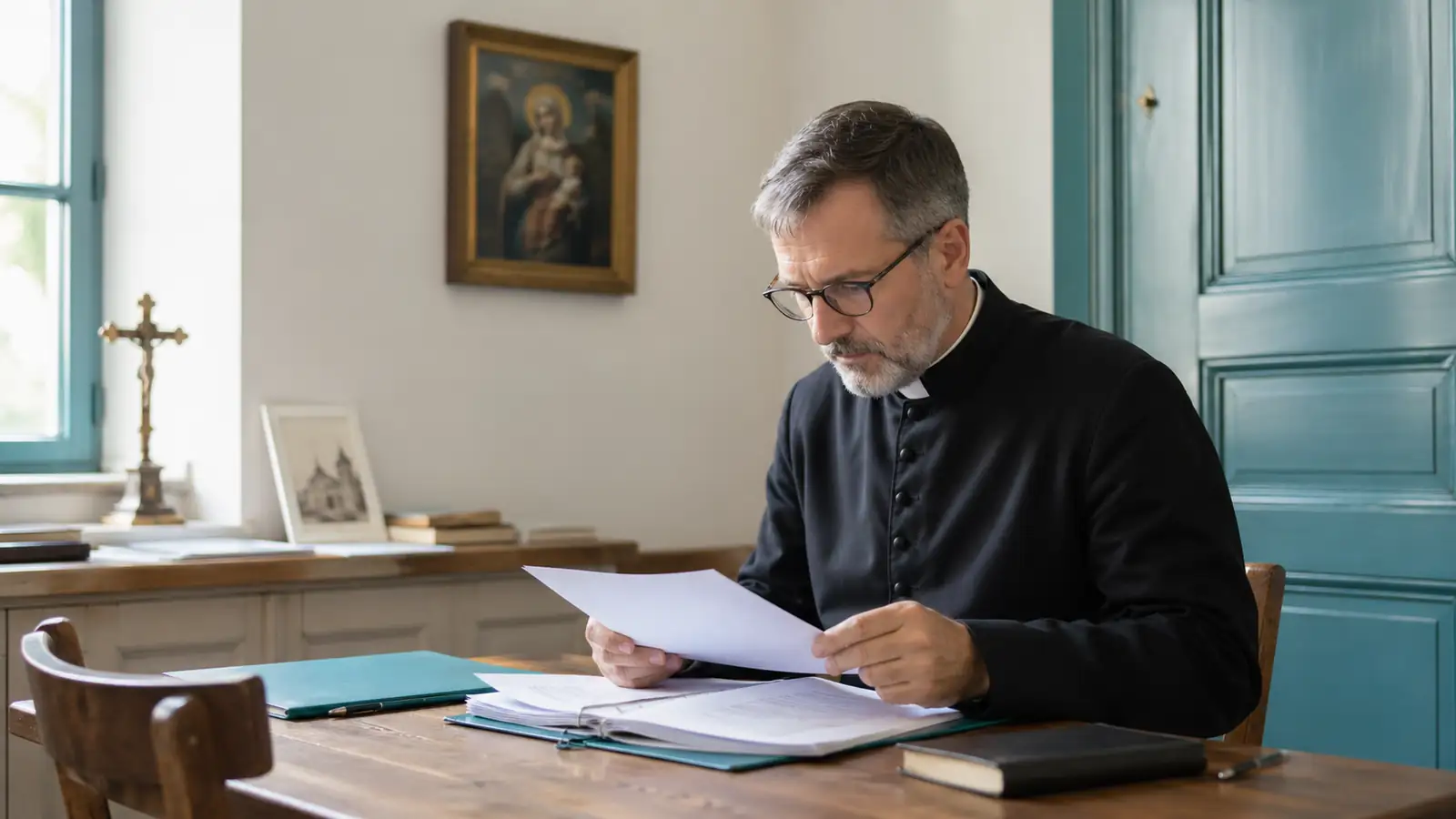 Photographie éditoriale sobre : un curé en soutane sombre assis à une petite table en bois, parcourant des documents de gestion paroissiale. Lumière naturelle douce, intérieur de sacristie. Palette neutre et teal. Pas de billets de banque. Style minimaliste catholique contemporain. Format 16:9, 1600×900px. --ar 16:9 --style raw