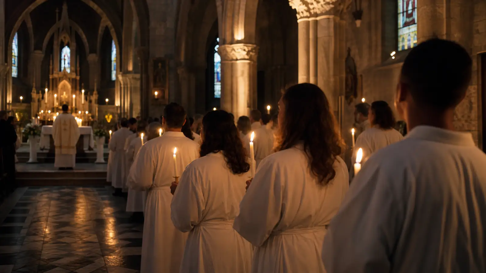 Photographic style, low light, Easter Vigil ceremony in a French Catholic church, adult baptisands wearing white robes holding candles, warm candlelight, reverent atmosphere, no faces visible or blurred, wide angle, 1600x900, no text overlay