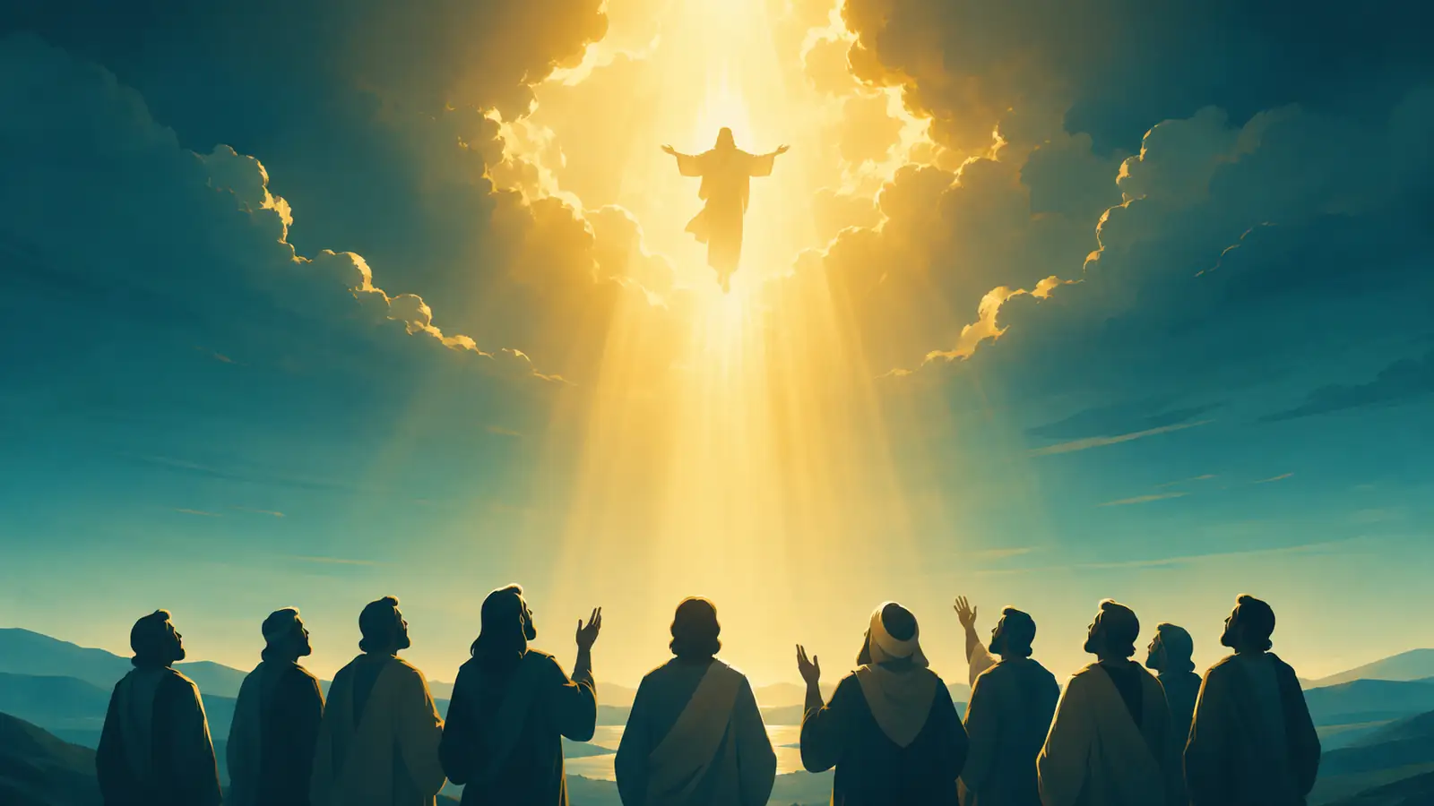 Scène stylisée de l'Ascension : lumière dorée descendant des nuages sur des silhouettes de disciples levant les yeux vers le ciel, palette teal et or, style illustratif moderne sobre, format 16:9, pas de visages réalistes, atmosphère spirituelle sans kitsch, arrière-plan épuré