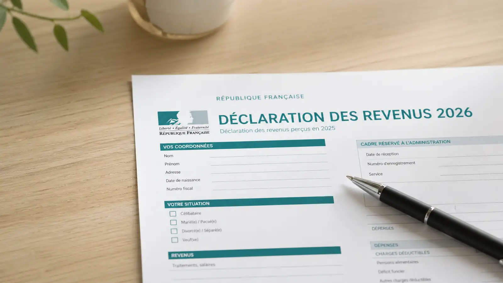 Photographie minimaliste d’un formulaire de déclaration d’impôts 2026 sur un bureau bois clair, stylo posé dessus, lumière naturelle douce. Palette neutre et teal. Pas de billet de banque, pas de tirelire. Style éditorial sobre. Format 16:9, 1600×900px. --ar 16:9 --style raw