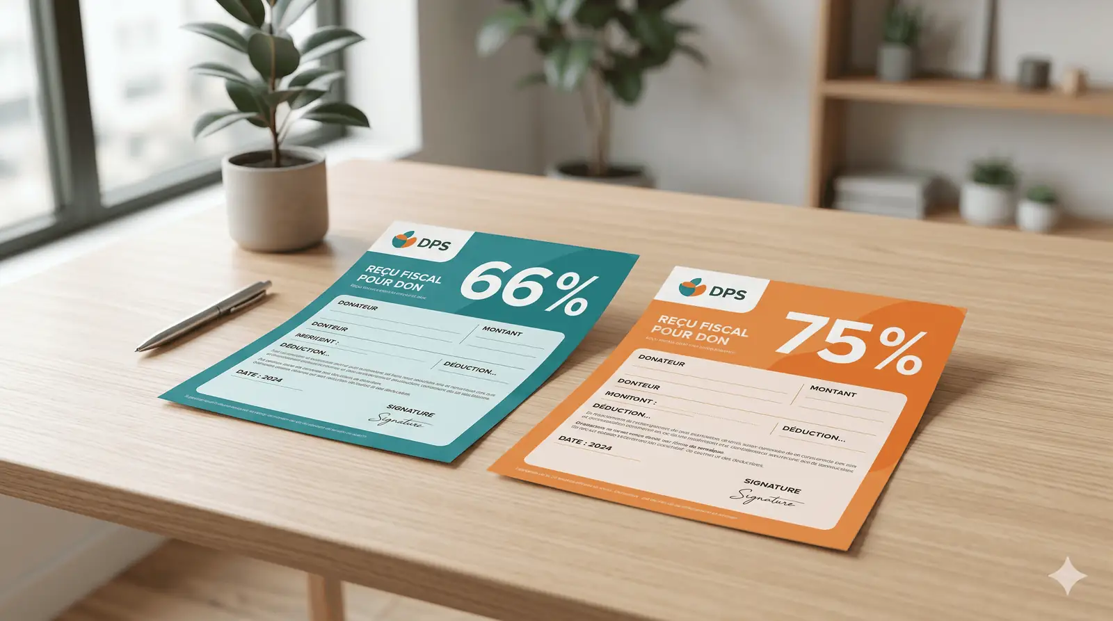 Deux reçus fiscaux côte à côte sur un bureau épuré, l'un teal avec « 66 % » et l'autre orange avec « 75 % », lumière naturelle douce, style illustratif moderne épuré, pas de texte lisible, format 16:9, palette teal-orange brand DPS
