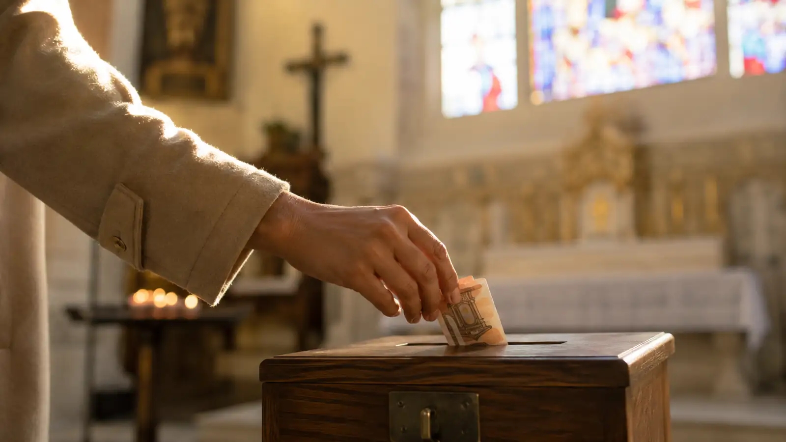 A hand gently placing a folded banknote in a small wooden offering box inside a softly lit Catholic church, warm golden light through stained glass, serene and peaceful atmosphere, close-up shot, no visible faces, photorealistic, editorial photography style, natural morning light.