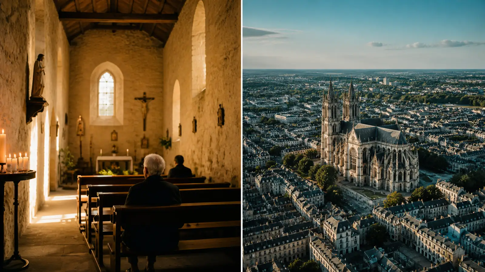Minimalist editorial photograph: a split-composition image showing on the left a warm sunlit local French parish interior (intimate stone church, wooden pews, candles) and on the right a wide aerial view of a French cathedral city (Angers or Reims), representing the local vs. territorial scale. Soft teal and warm orange tones. No text overlays. 16:9, 1600×900px, photorealistic editorial style.