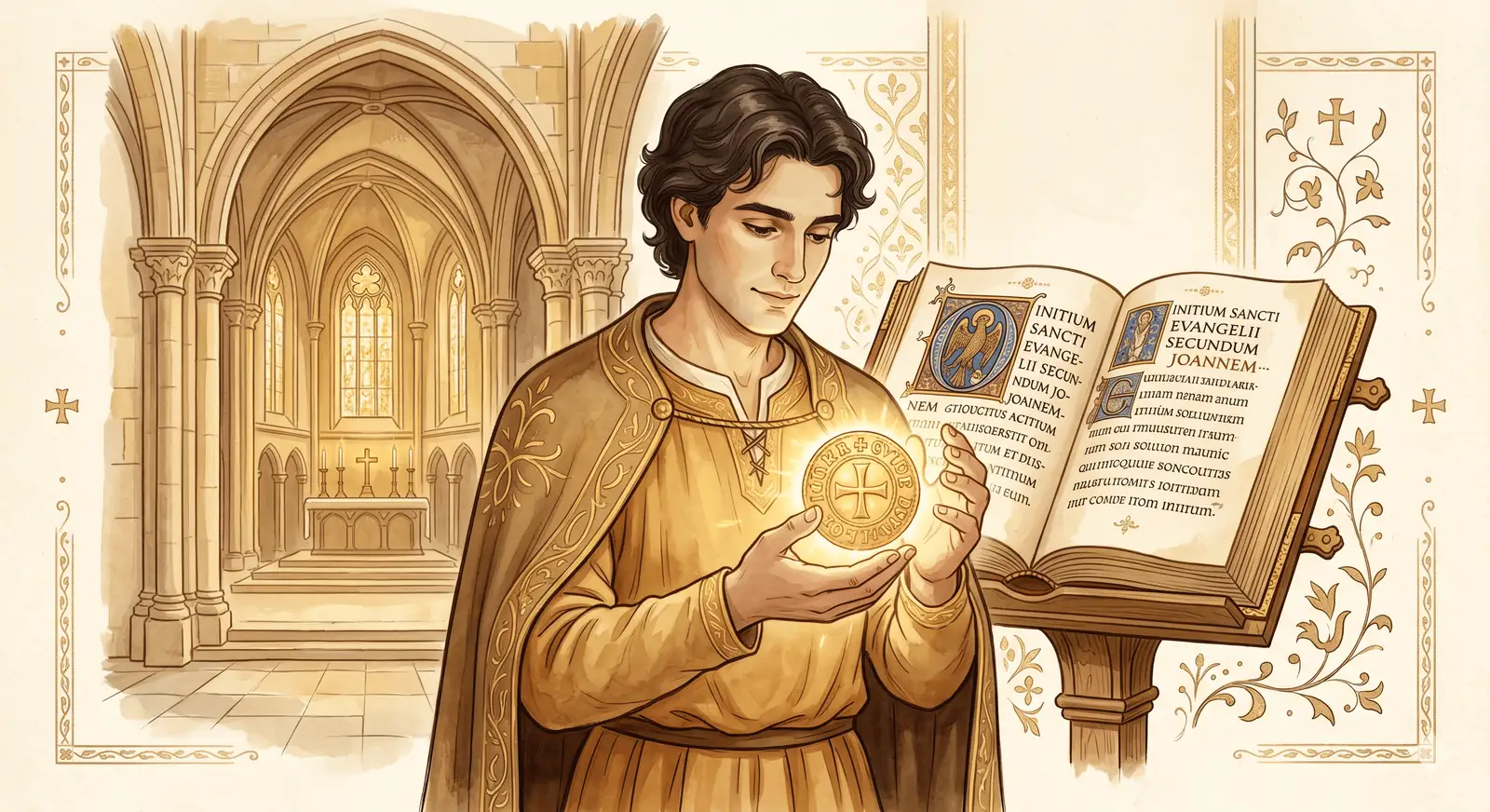 Enluminure moderne, style illustré doux, tons ocre et or. Un homme jeune tient dans ses mains une pièce de monnaie lumineuse entourée d'un livre ancien (l'Évangile) et d'une architecture d'église. Fond épuré, lumière chaude.