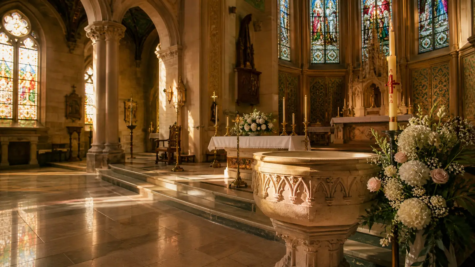 Photographie chaleureuse d'un intérieur d'église catholique française lors d'un baptême ou d'un mariage. Lumière naturelle filtrée par des vitraux colorés, tons dorés et teal doux. Baptistère, bénitier ou autel visible. Atmosphère paisible et accueillante, sans personnes visibles. Style photographie d'art contemporain, format paysage 16:9, 1600x900px.