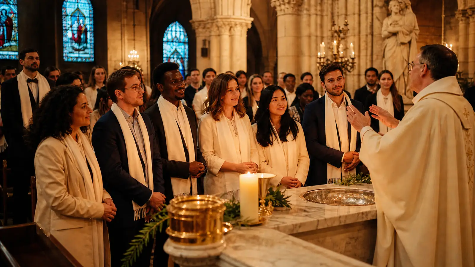 Warm luminous photograph: interior of a French Catholic church, evening catechumen baptism ceremony, soft candlelight illuminating a diverse group of young adults (20-35 years old), priest at altar, hopeful expressions. Golden orange and teal tones. Editorial photojournalism style. No text overlays. 16:9 ratio, 1200x630px. Keywords: French Catholic, mission, community, hope, light.