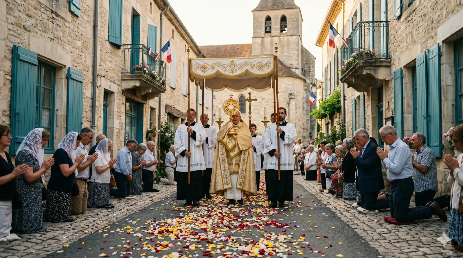 Procession de la Fête-Dieu dans une rue de village français, ostensoir doré tenu par un prêtre sous un dais blanc, lumière naturelle dorée d'après-midi, fidèles agenouillés, pétales sur le sol. Style éditorial sobre, palette teal et or, pas de kitsch religieux. Format 16:9, 1600×900px. --ar 16:9 --style raw