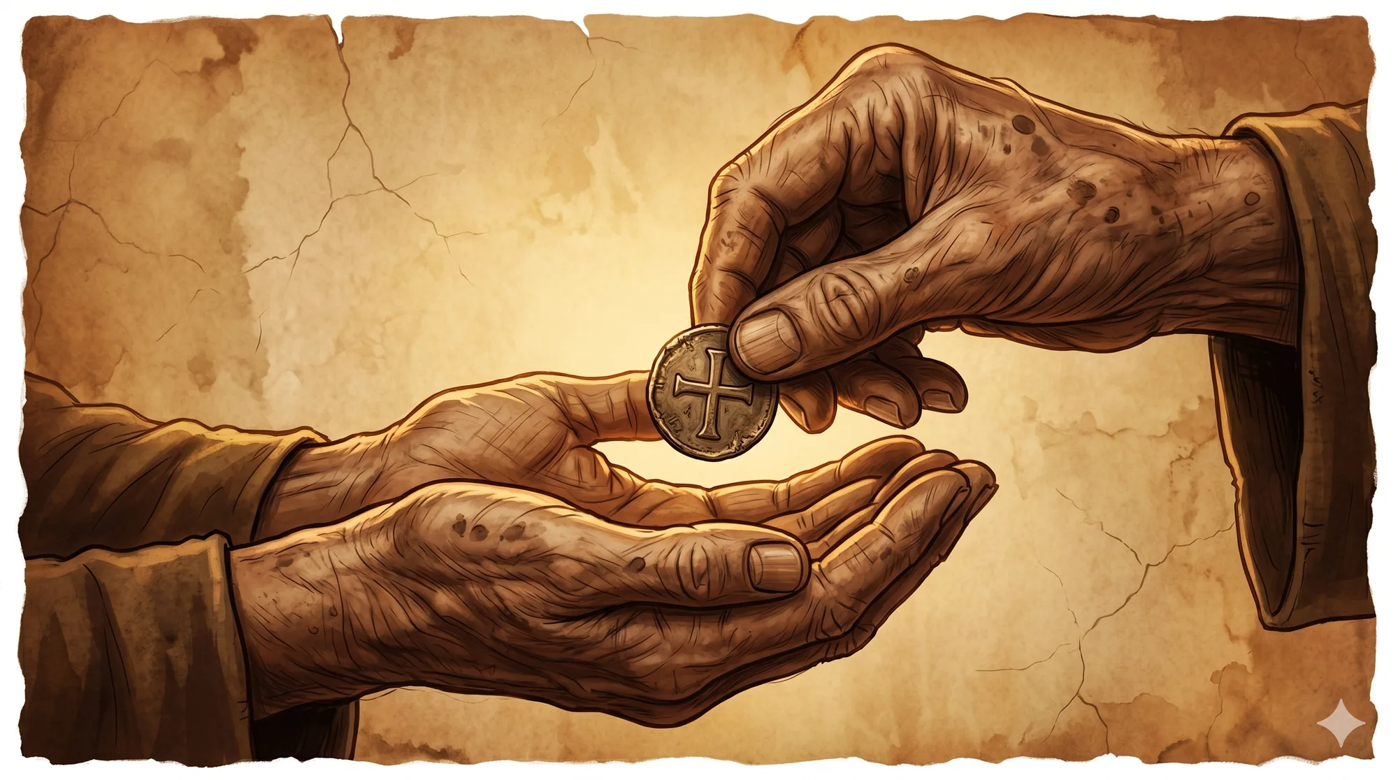 A close-up of ancient hands carefully placing a coin into another pair of open hands, warm amber light, soft background with aged parchment texture, digital editorial illustration, dignified and spiritual mood, no text