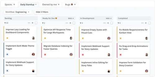 Kanban Board in Shortcut showing team standup and workflow states.