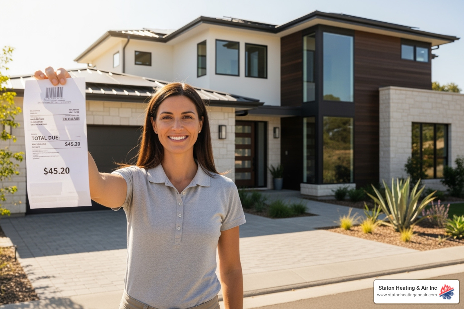 A homeowner smiling at their low utility bill, with a modern, energy-efficient home in the background - HVAC maintenance alpharetta