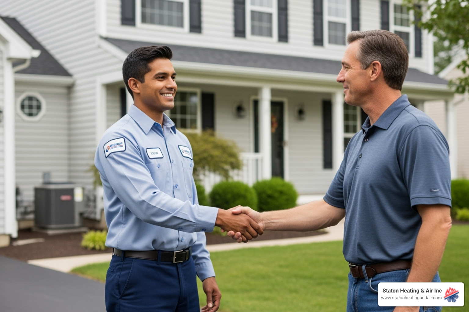 A friendly, uniformed HVAC technician shaking a homeowner's hand in front of a residential house - HVAC maintenance alpharetta