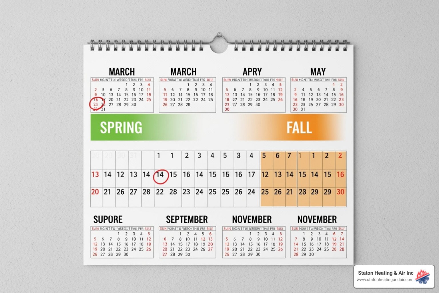 A calendar with spring (green) and fall (orange) seasons highlighted, indicating optimal times for HVAC service appointments - HVAC maintenance alpharetta