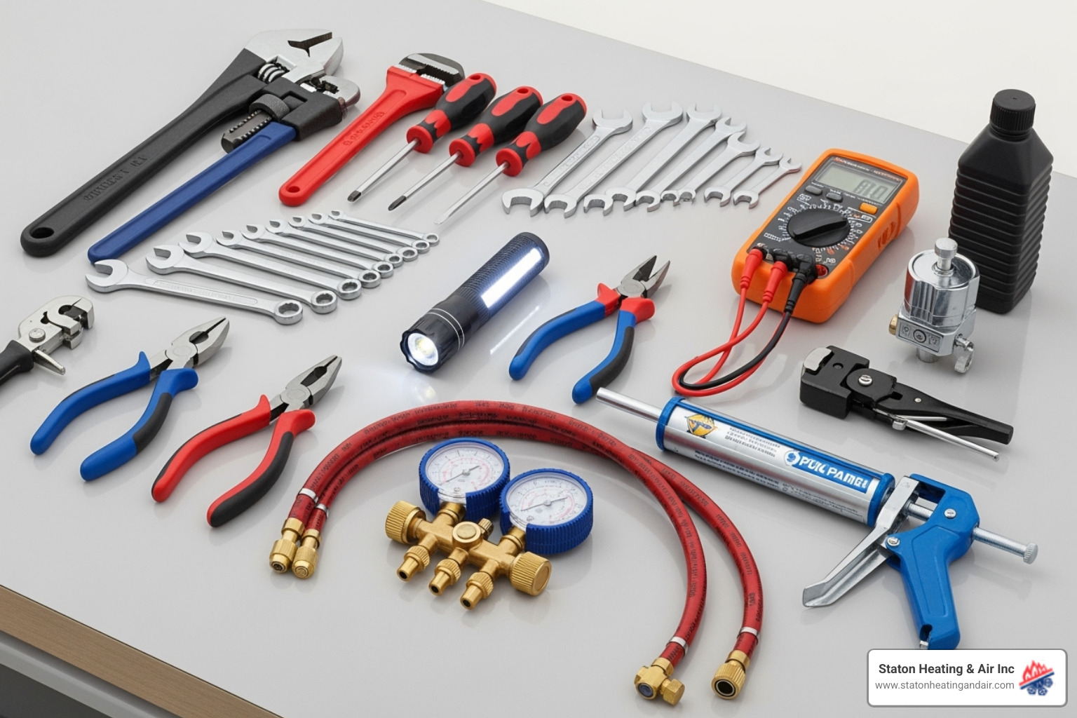 A professional HVAC technician's toolkit laid out neatly on a clean surface, featuring various tools like wrenches, screwdrivers, a multimeter, and a flashlight - HVAC maintenance alpharetta