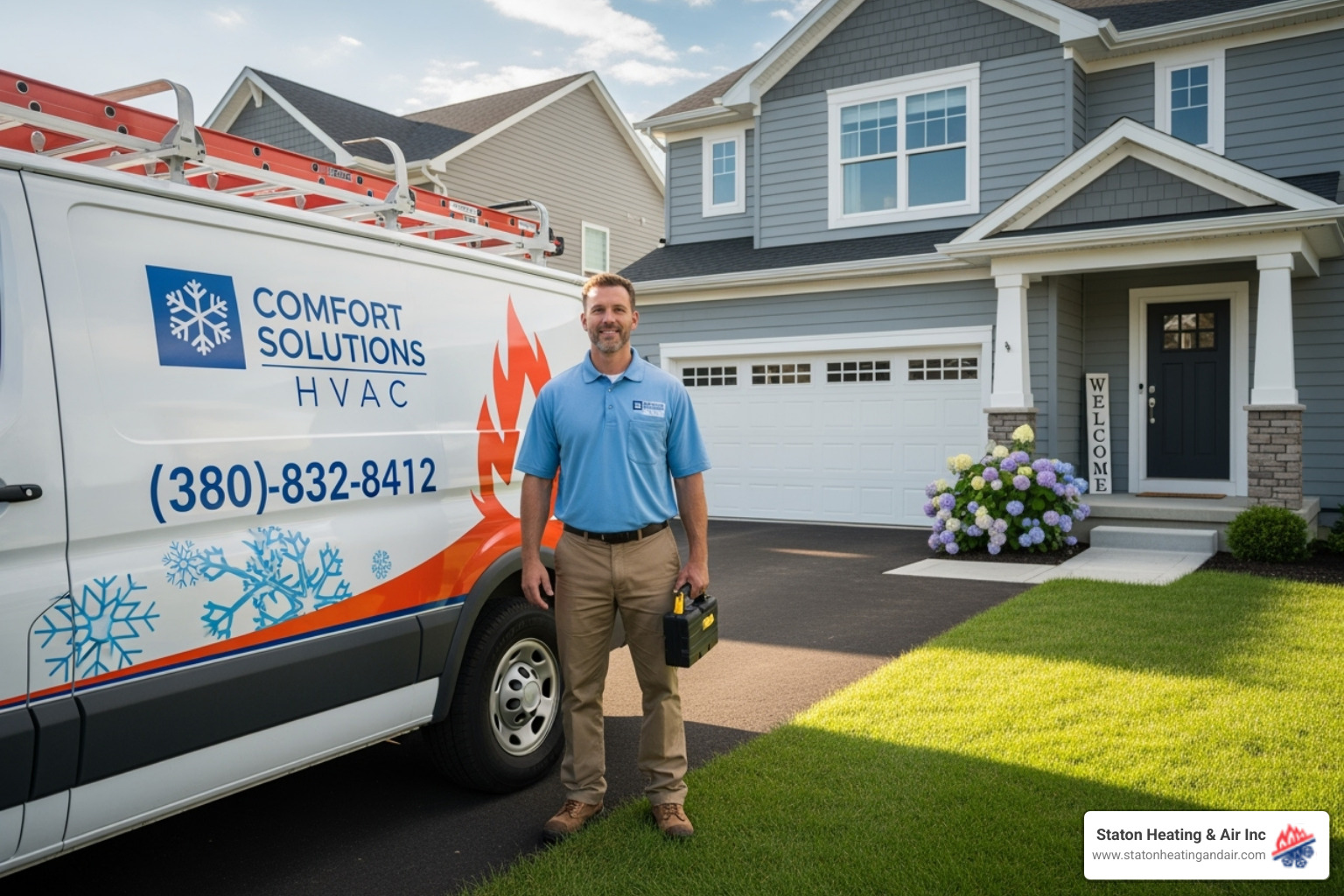 certified technician with a company van in front of a suburban home - furnace repair near