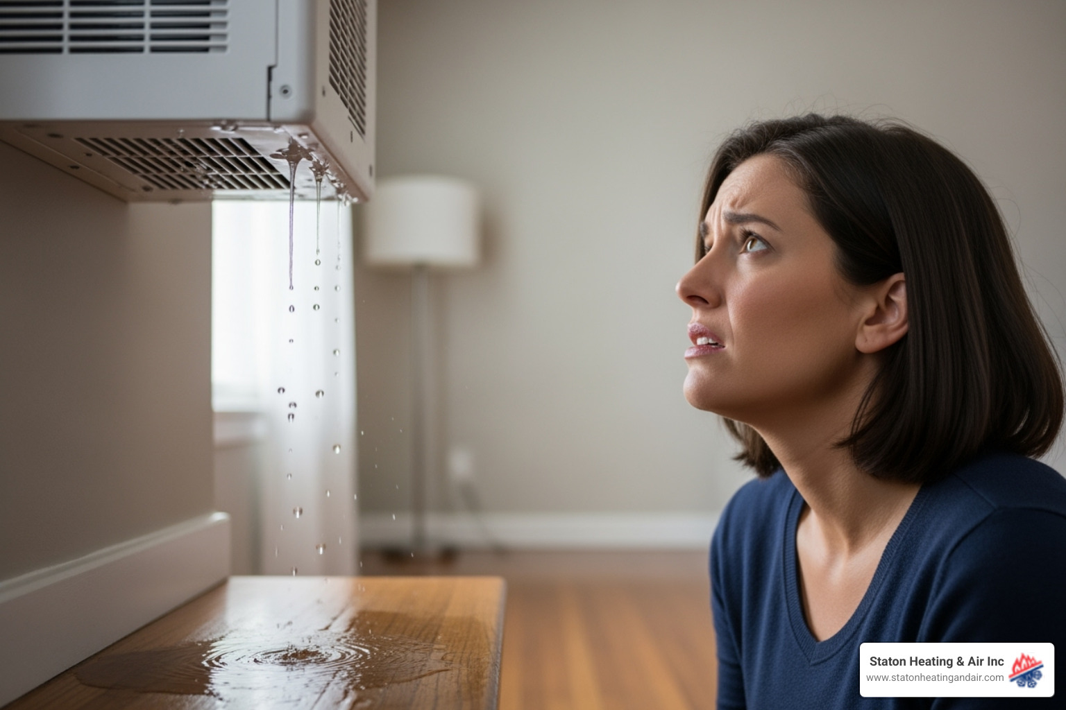 homeowner looking concerned at a leaking indoor mini-split unit - mini split repair estimate