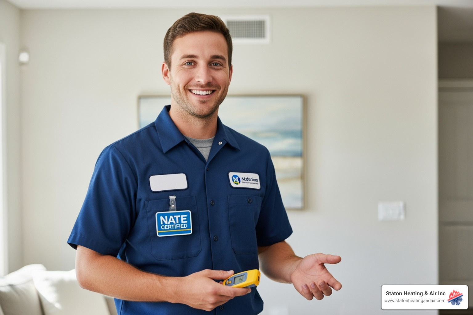 friendly, NATE-certified Staton Heating & Air technician smiling - mini split repair estimate