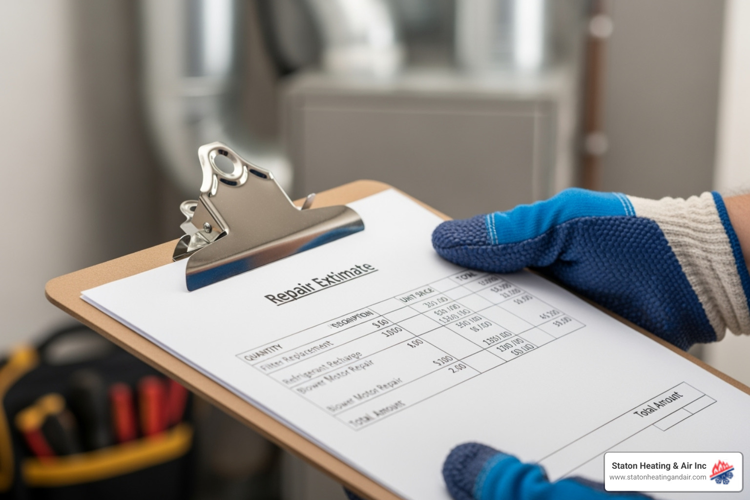 HVAC technician's clipboard with an itemized estimate - mini split repair estimate