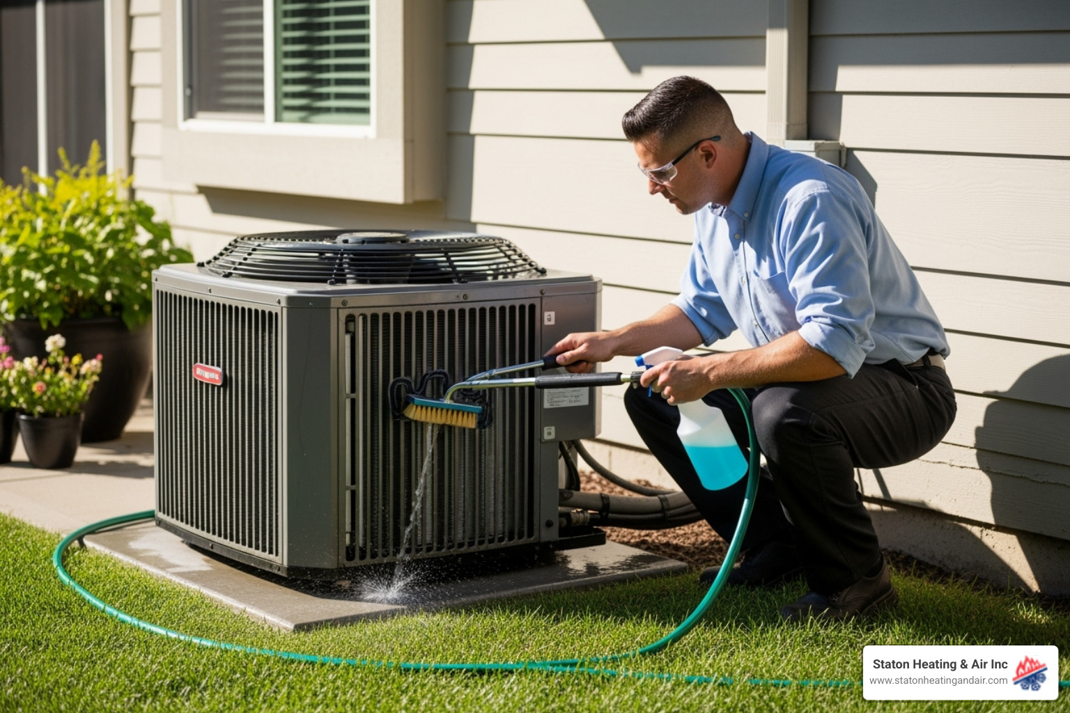 technician cleaning an outdoor AC unit - Air conditioner repair Alpharetta