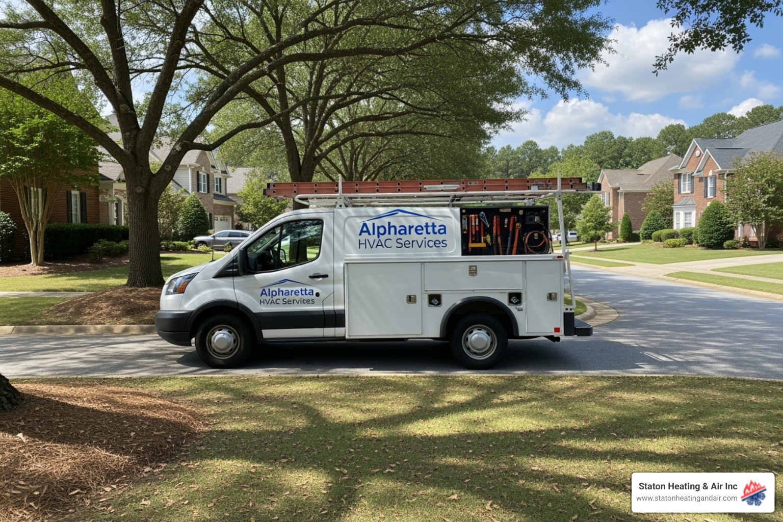 friendly technician's truck in an Alpharetta neighborhood - alpharetta air conditioning repair