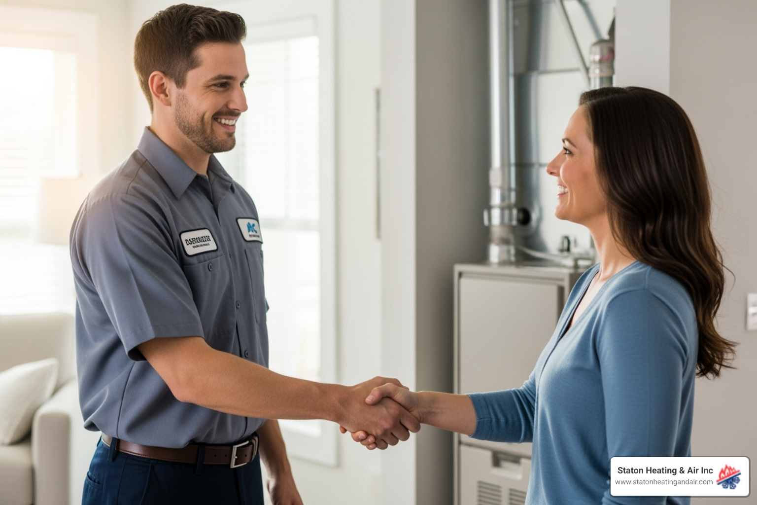 Friendly technician shaking hands with a homeowner - HVAC Alpharetta GA