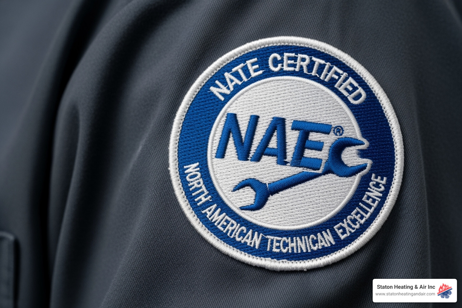 NATE-certified technician's logo patch on a uniform - air conditioning service alpharetta