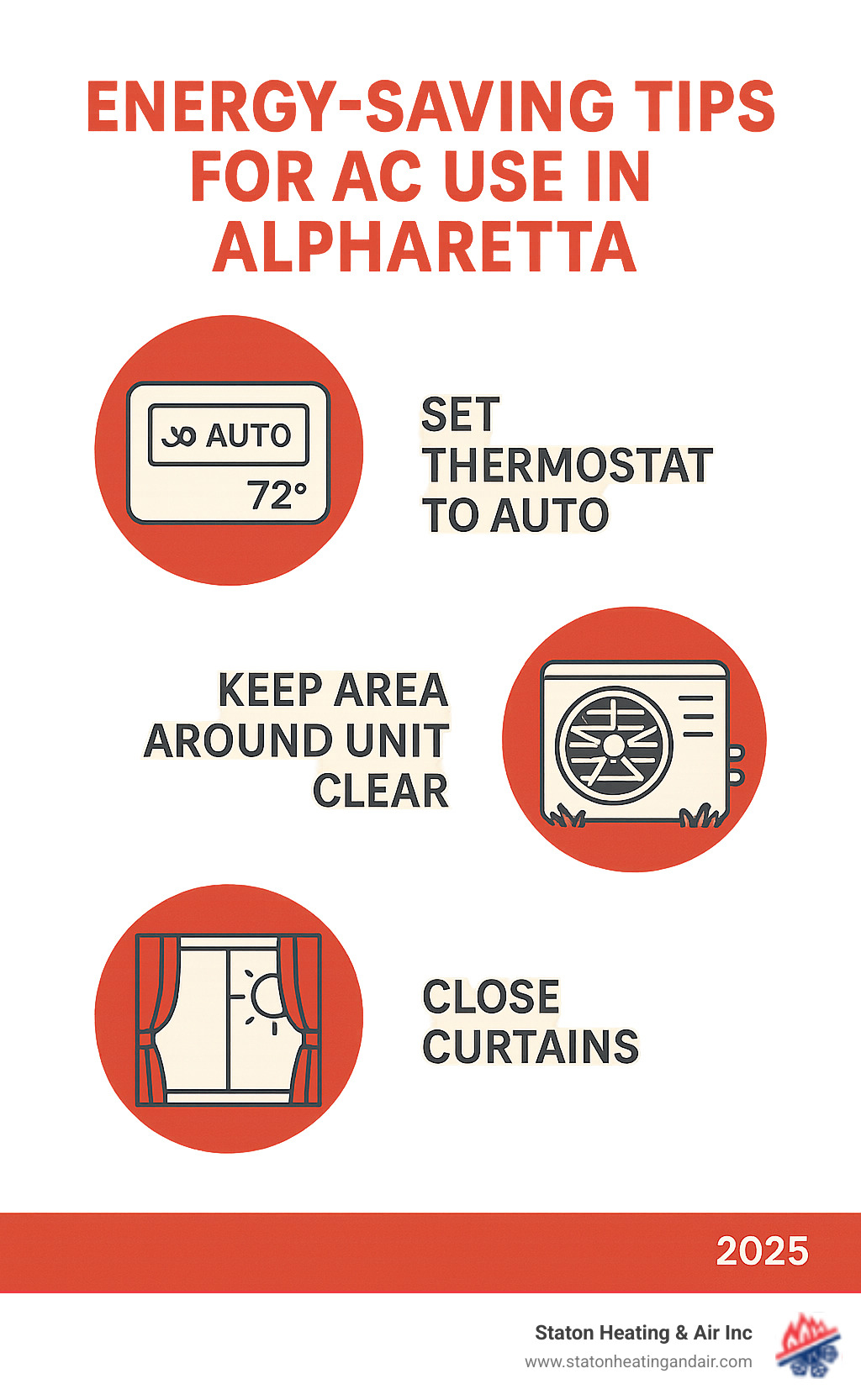 Infographic showing energy-saving tips for AC use in Alpharetta, such as setting thermostat to auto, keeping area around unit clear, and closing curtains. - air conditioning service alpharetta infographic 