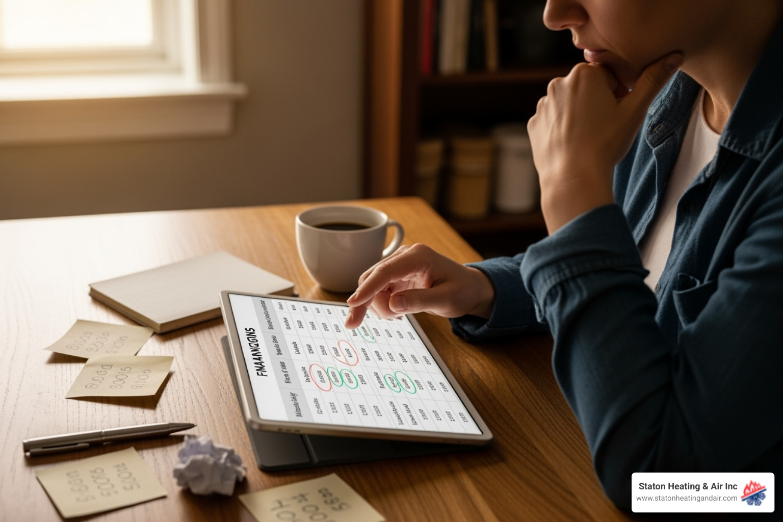 Homeowner reviewing financing options for a new HVAC system with a tablet, highlighting the decision-making process - atlanta hvac