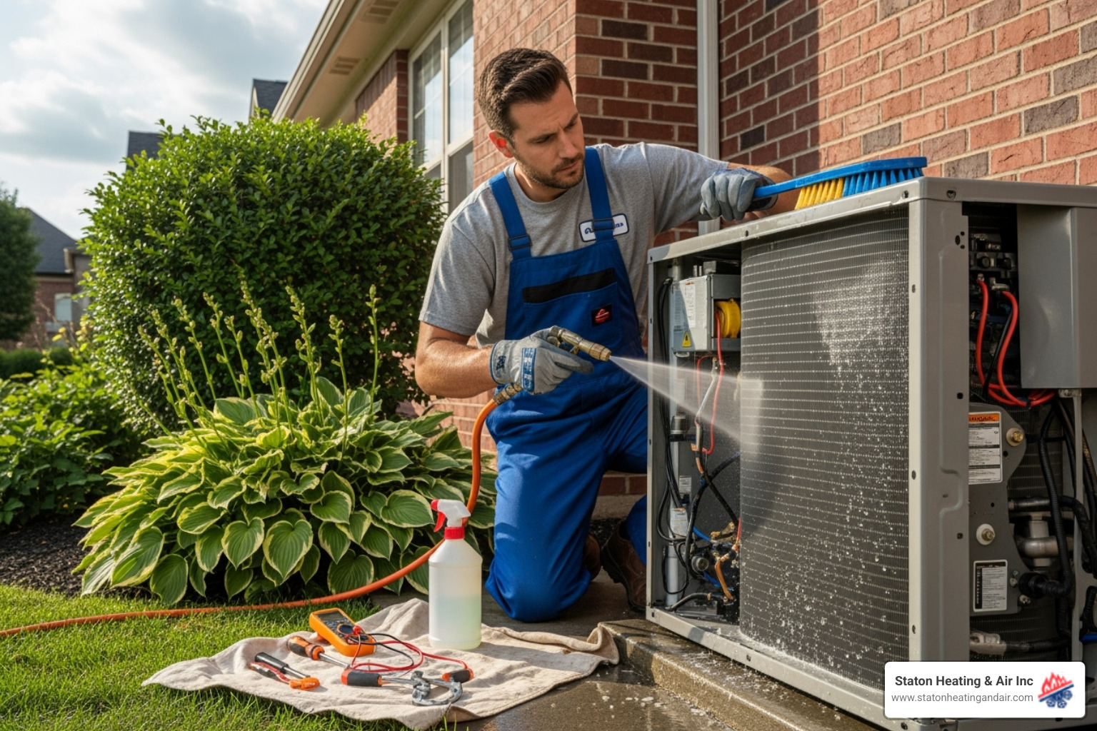 A professional HVAC technician carefully cleaning the outdoor condenser unit of an AC system - AC repair alpharetta