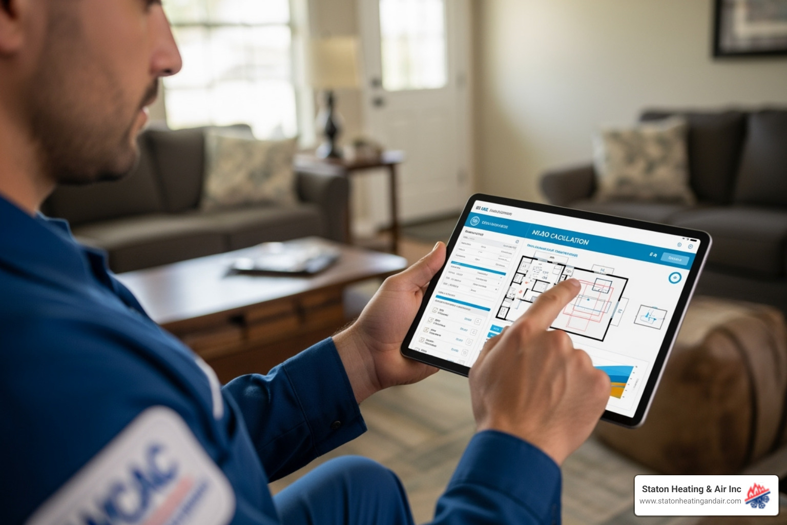 technician performing a Manual J load calculation on a tablet - heat pump installation alpharetta ga