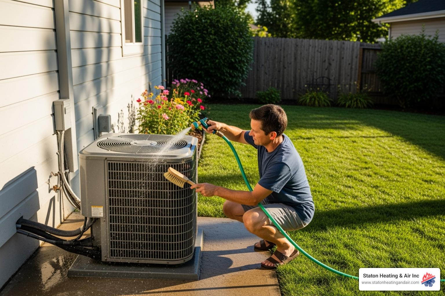 homeowner cleaning the area around their outdoor heat pump unit - heat pump installation alpharetta ga