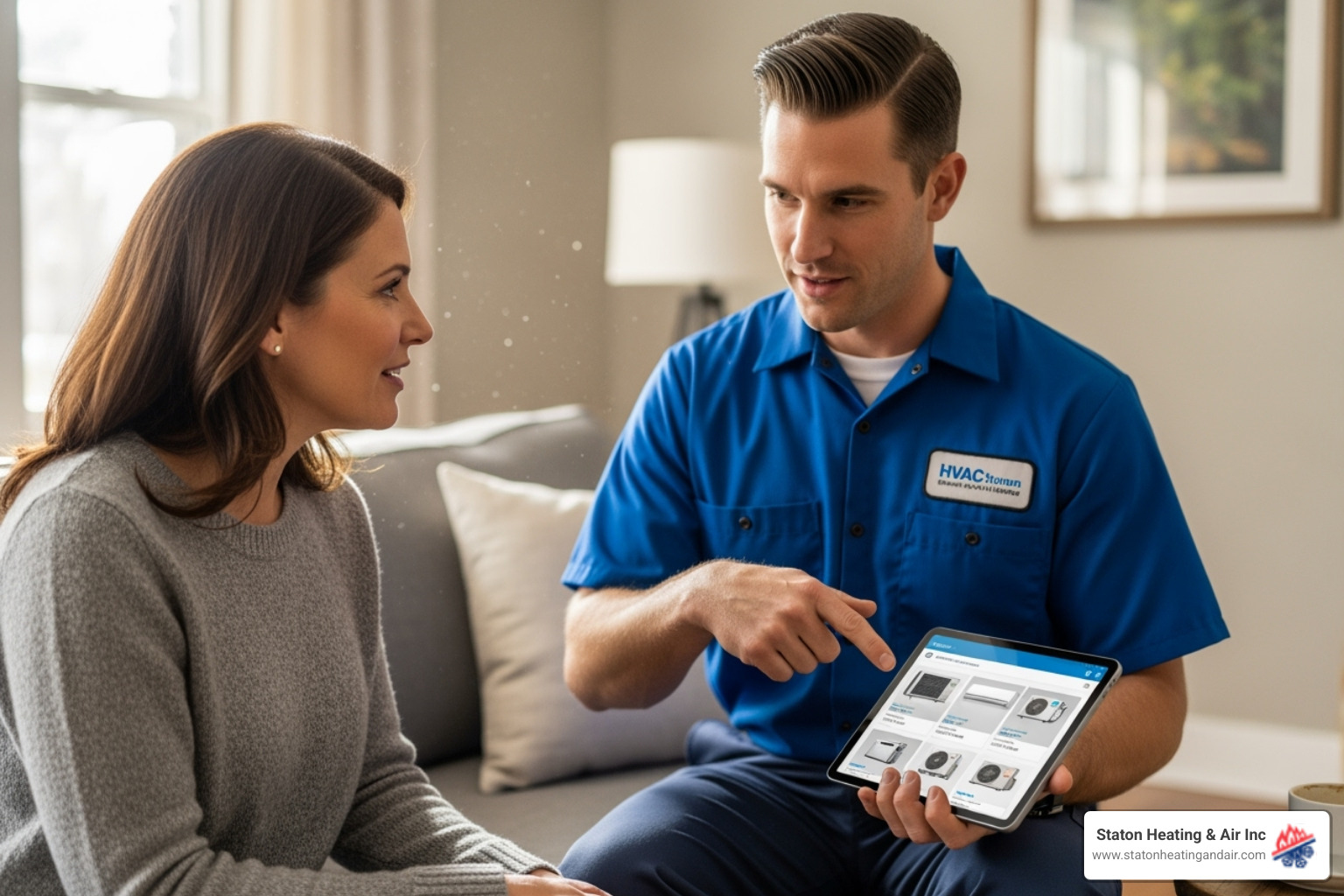Technician showing a homeowner different AC system options on a tablet - AC installation Alpharetta