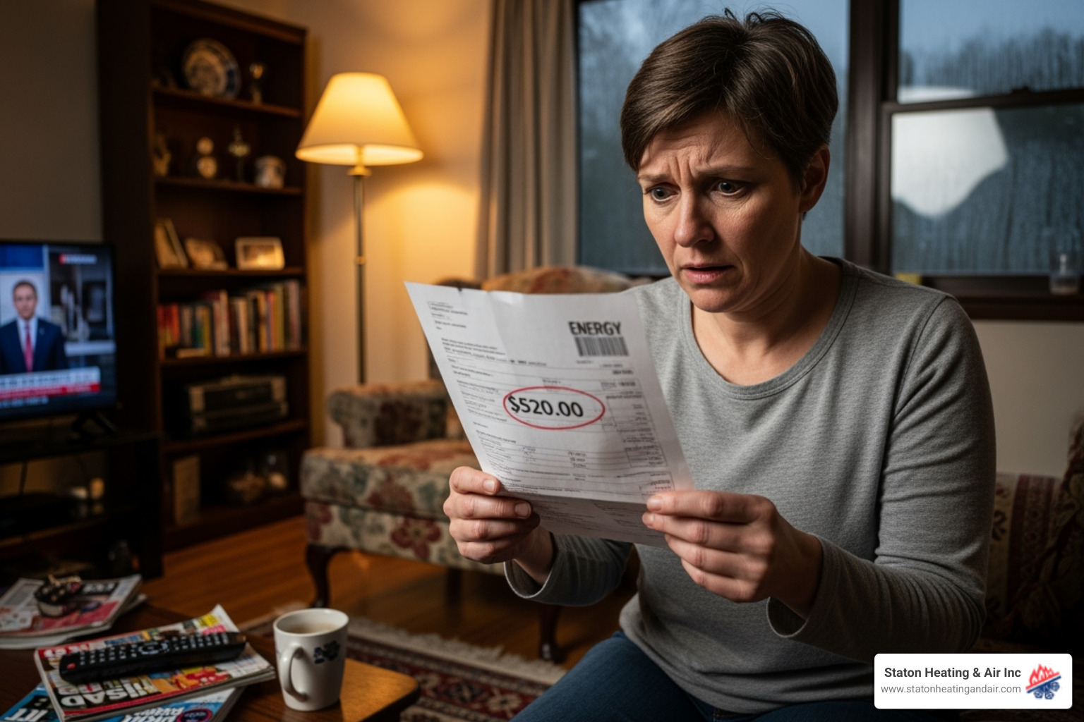 Homeowner looking concerned at a high energy bill - AC installation Alpharetta
