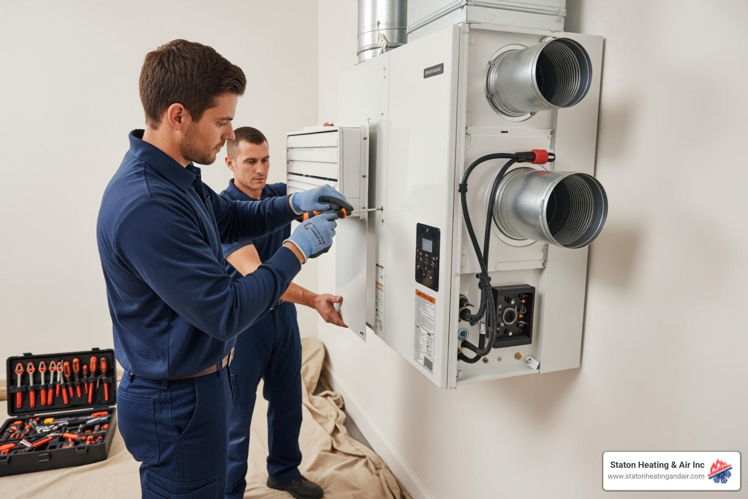 Clean work area with technicians carefully installing an indoor air handler - AC installation Alpharetta