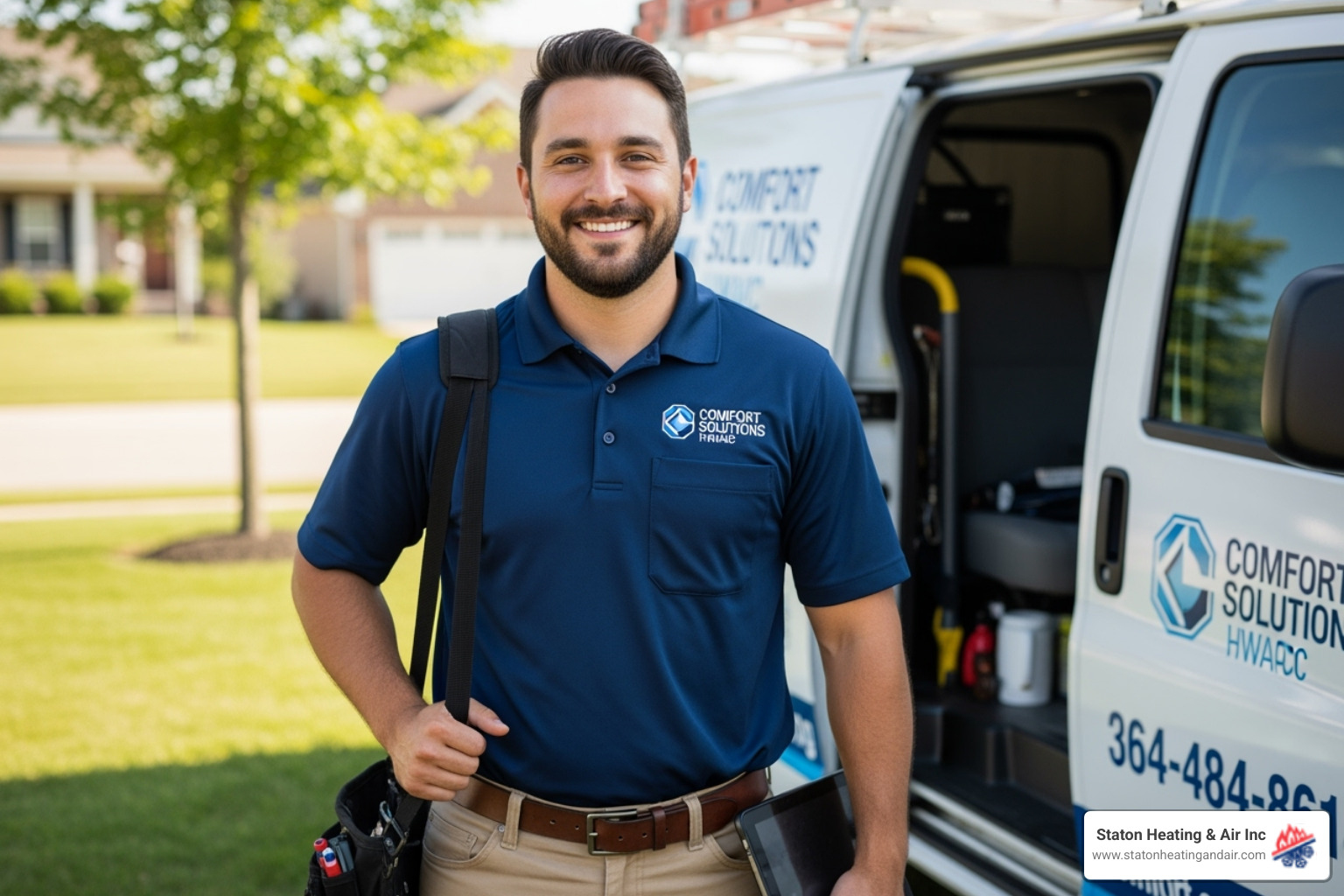 Friendly, uniformed technician with a company van in the background - AC installation Alpharetta