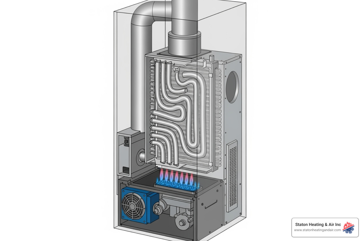 Diagram of a furnace showing the combustion chamber, heat exchanger, and flue vent - furnace carbon monoxide