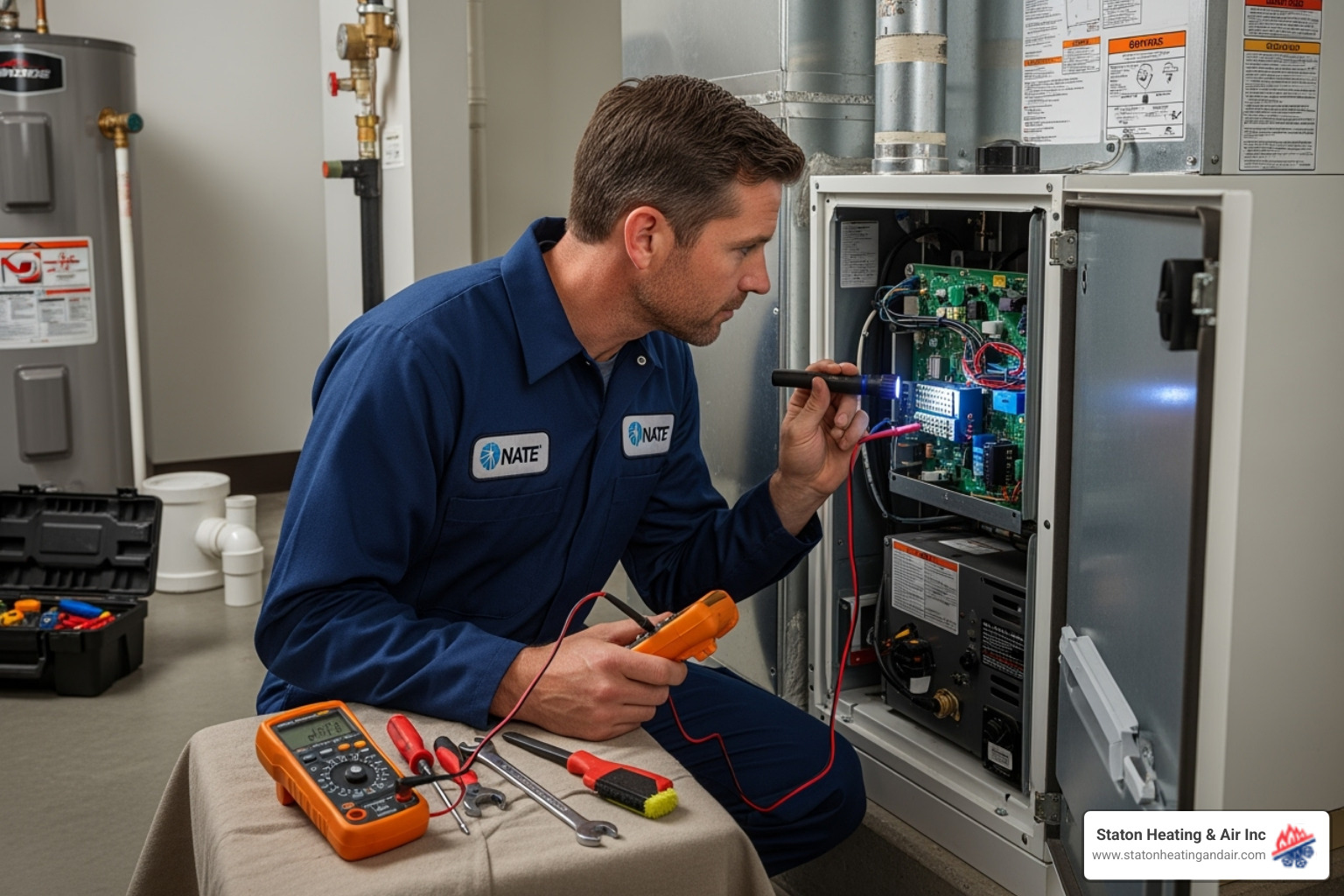 NATE-certified technician performing a furnace inspection - furnace carbon monoxide
