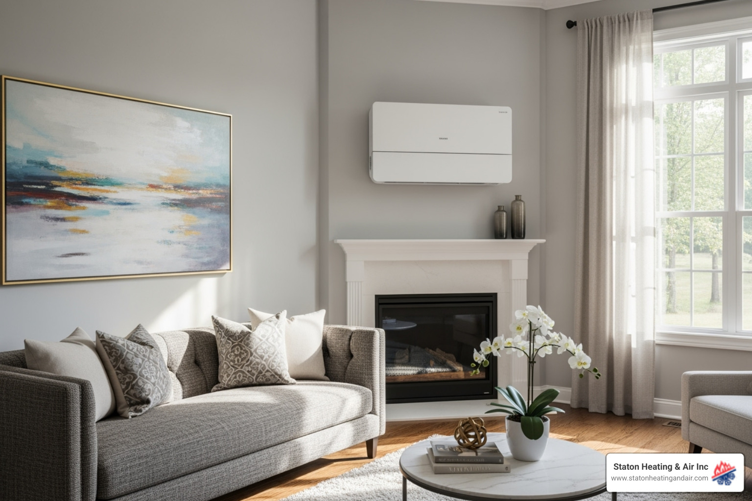 a modern ductless mini-split unit on a wall in a stylish Alpharetta living room - ductless AC repair Alpharetta