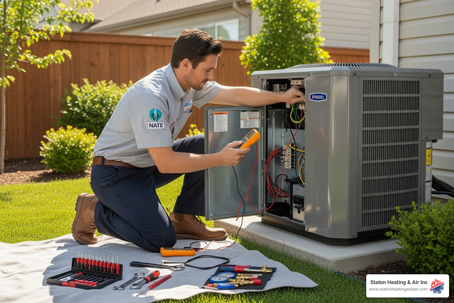 a NATE-certified technician inspecting an outdoor condenser unit - ductless AC repair Alpharetta