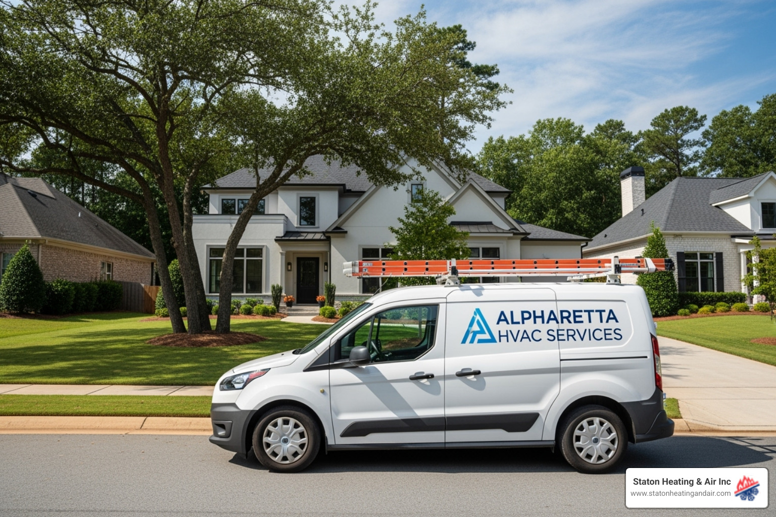 a service van in a suburban Alpharetta neighborhood - ductless AC repair Alpharetta