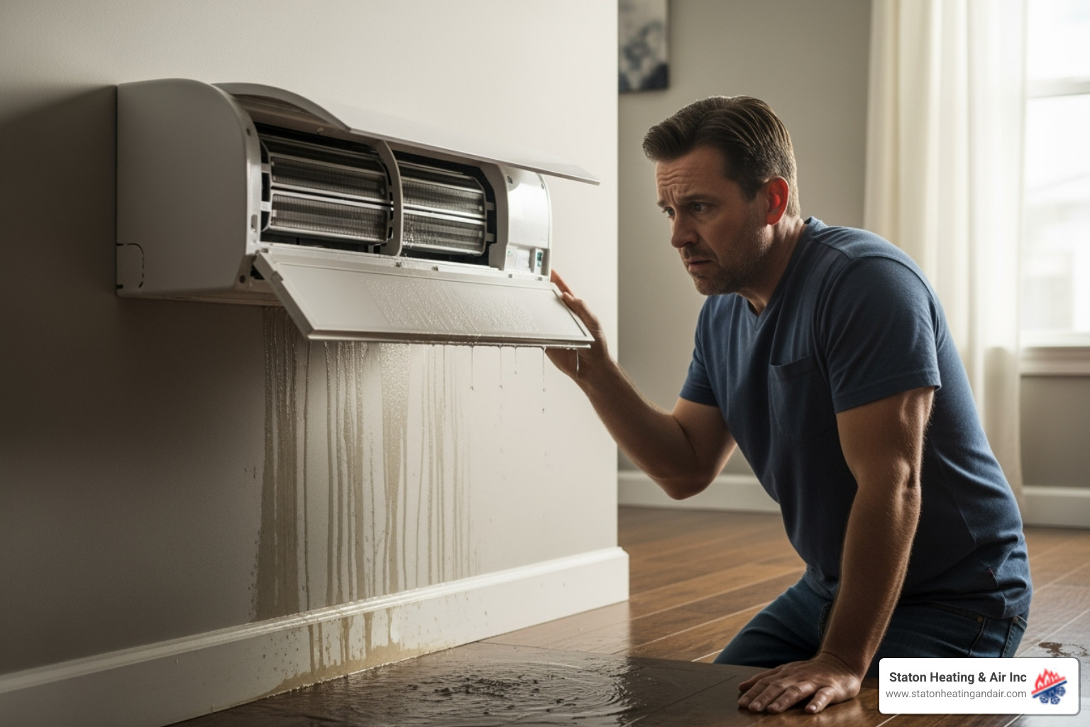a homeowner looking concerned at their dripping indoor mini-split unit - ductless AC repair Alpharetta