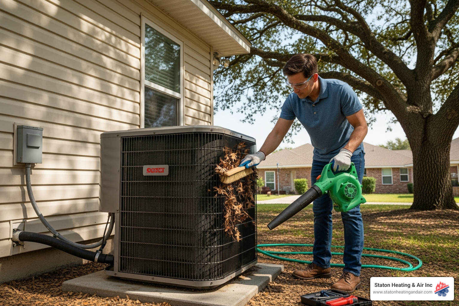 Homeowner safely cleaning debris from around their outdoor AC unit - Noisy AC unit