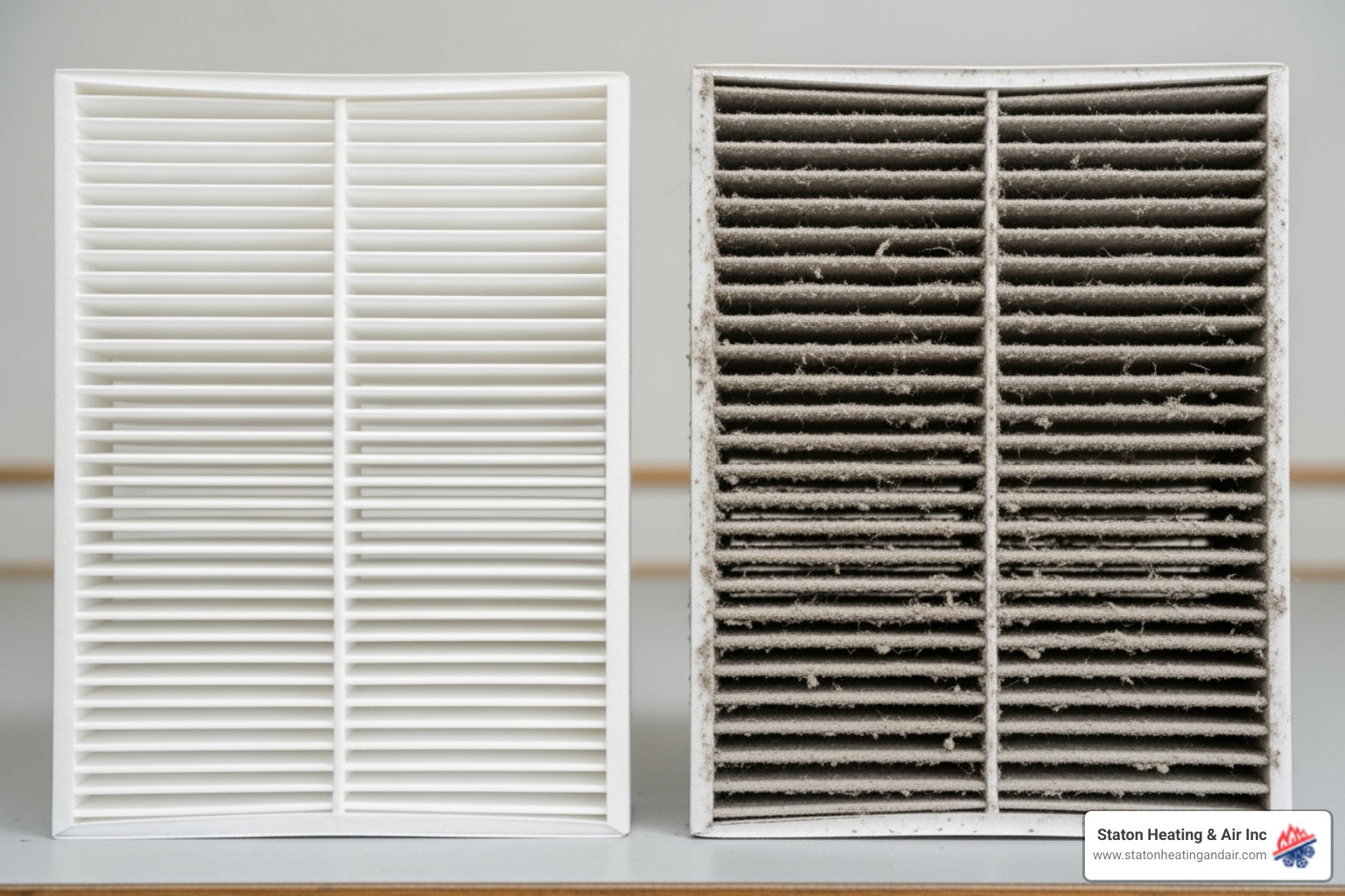 Clean air filter next to a dirty, clogged one - Noisy AC unit
