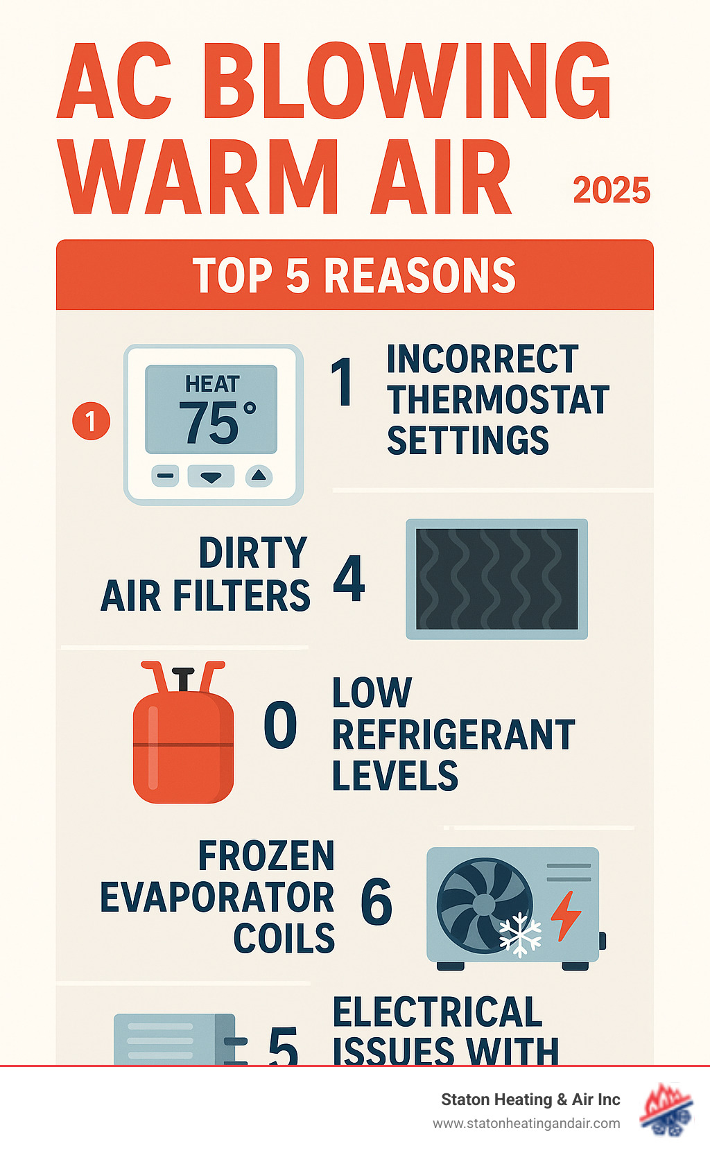 Infographic showing the top 5 reasons an AC blows warm air: incorrect thermostat settings, dirty air filters, low refrigerant levels, frozen evaporator coils, and electrical issues with outdoor unit - AC blowing warm air infographic 