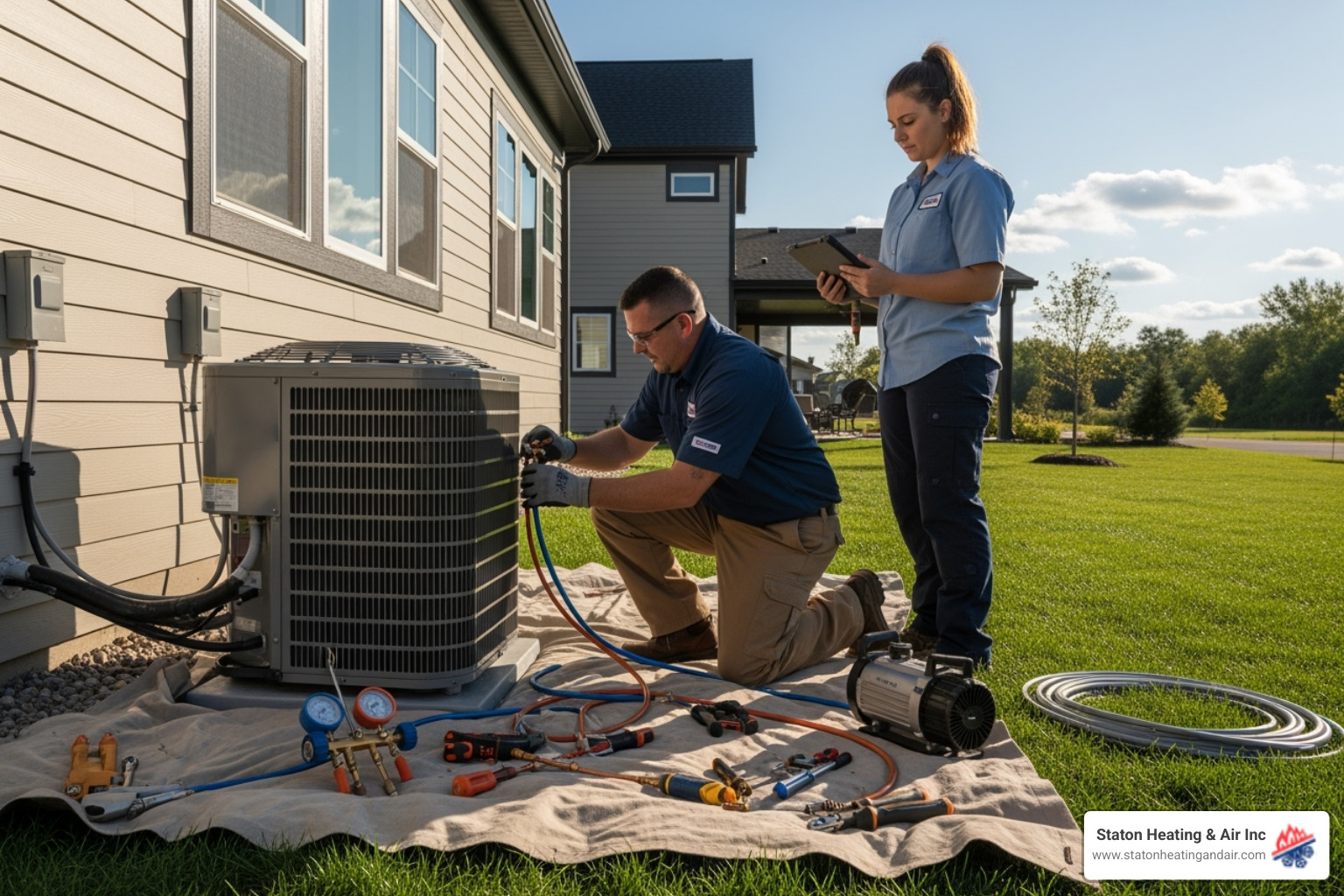 technicians professionally installing an outdoor AC unit - ac installation alpharetta
