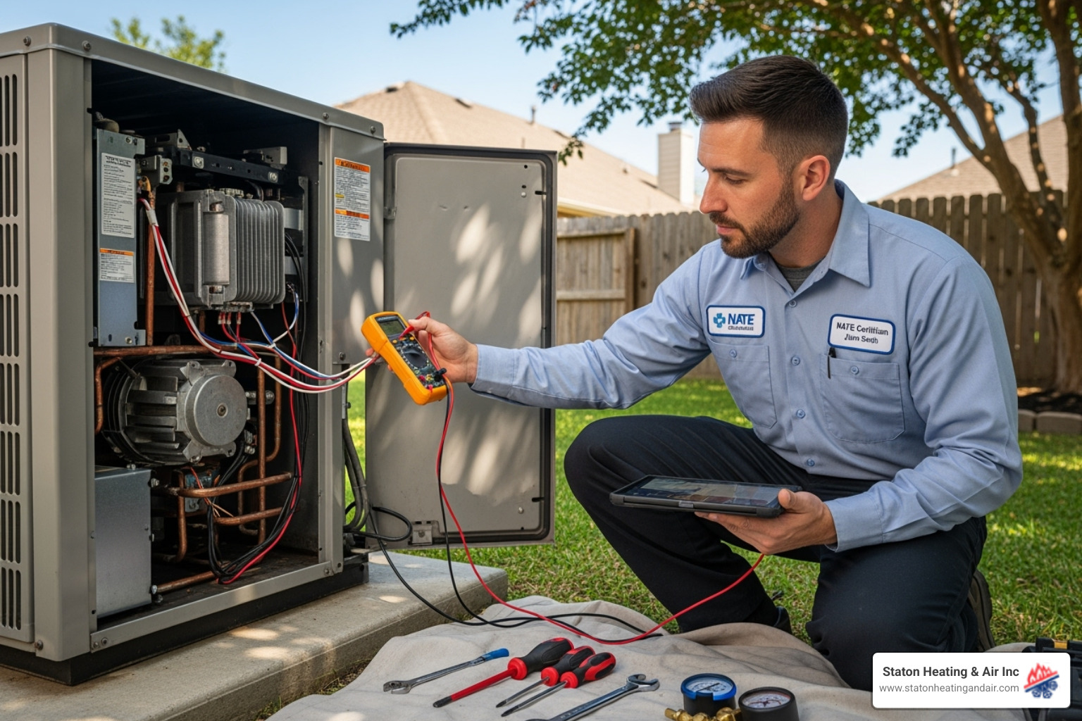 NATE-certified technician inspecting an outdoor AC unit - ac maintenance alpharetta