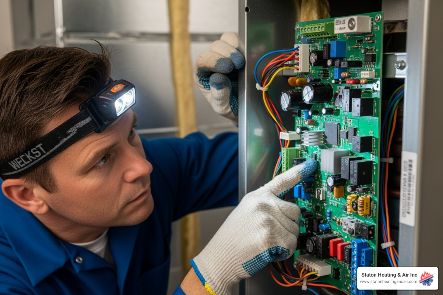technician visually inspecting a furnace control board - furnace control board repair